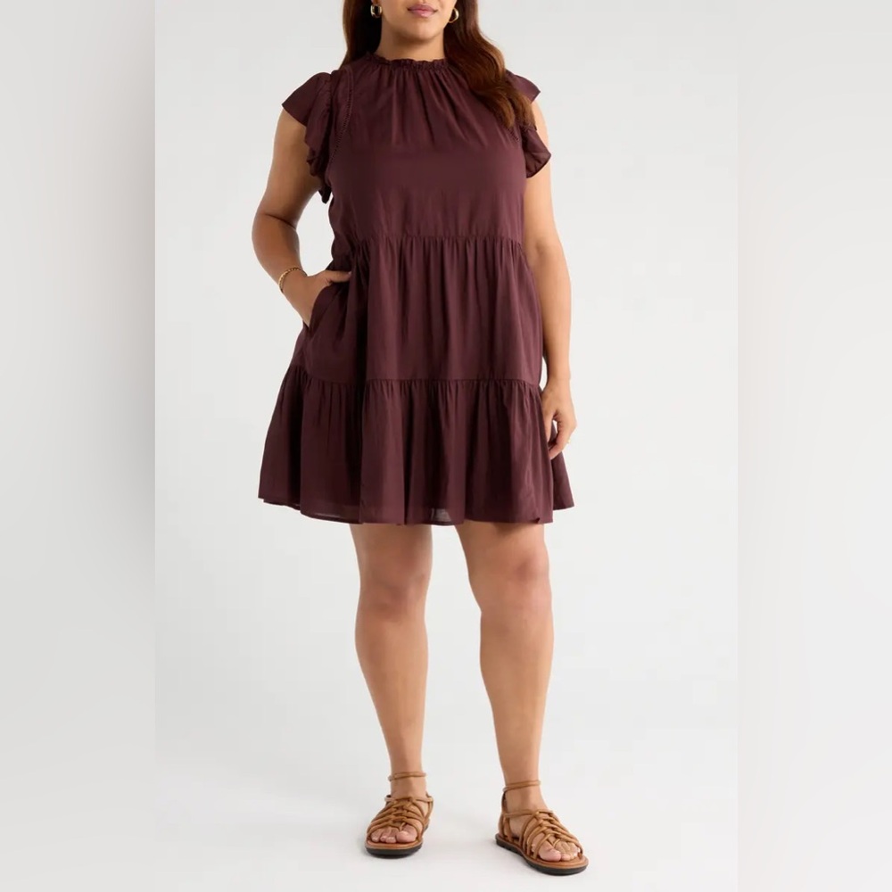 Babydoll Tiered High Neck Shift Minidress 1 X burgundy fudge cotton/viscose